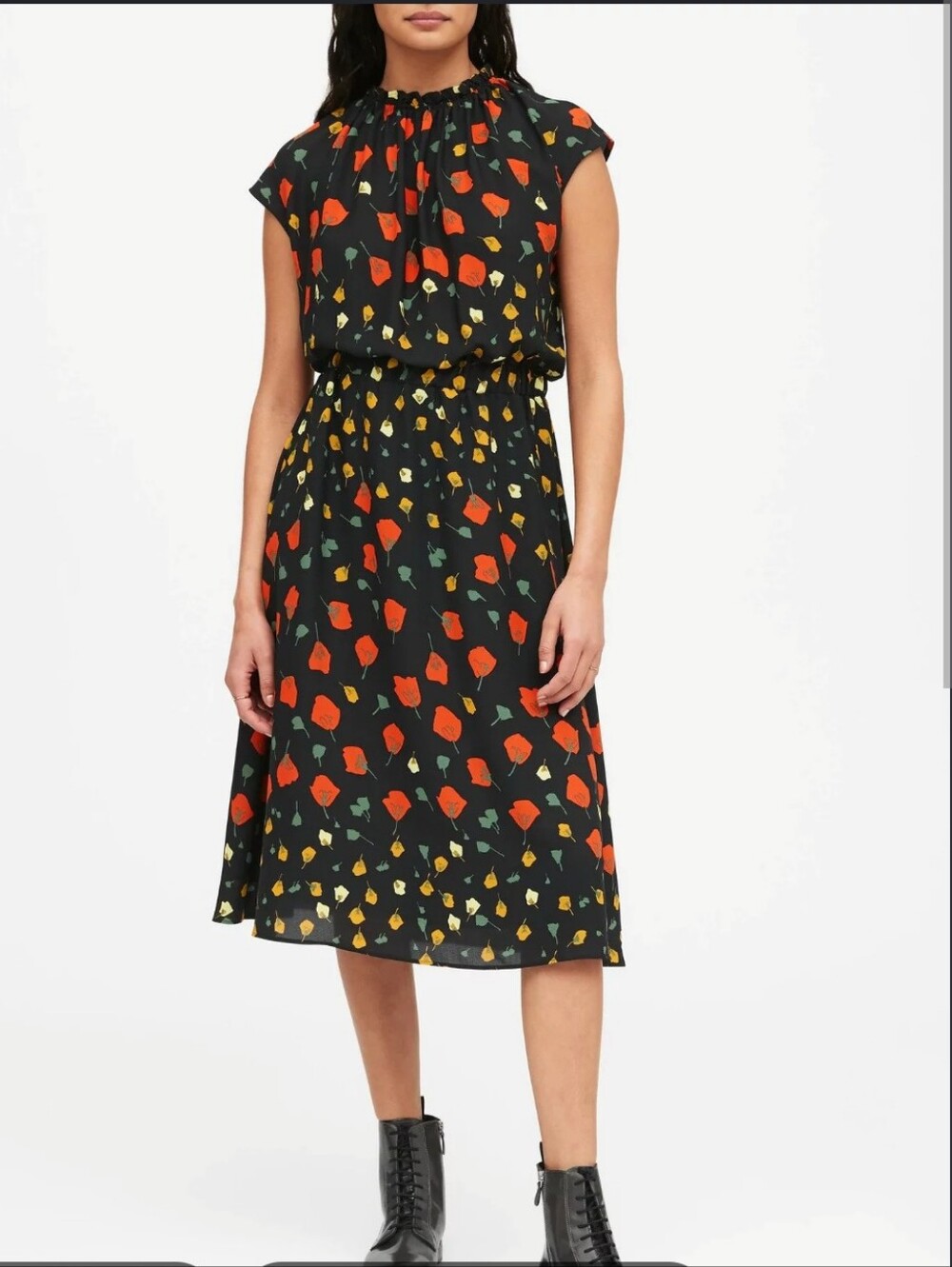 Banana Republic Black Dress With Red and Yellow Poppies Sz 4
